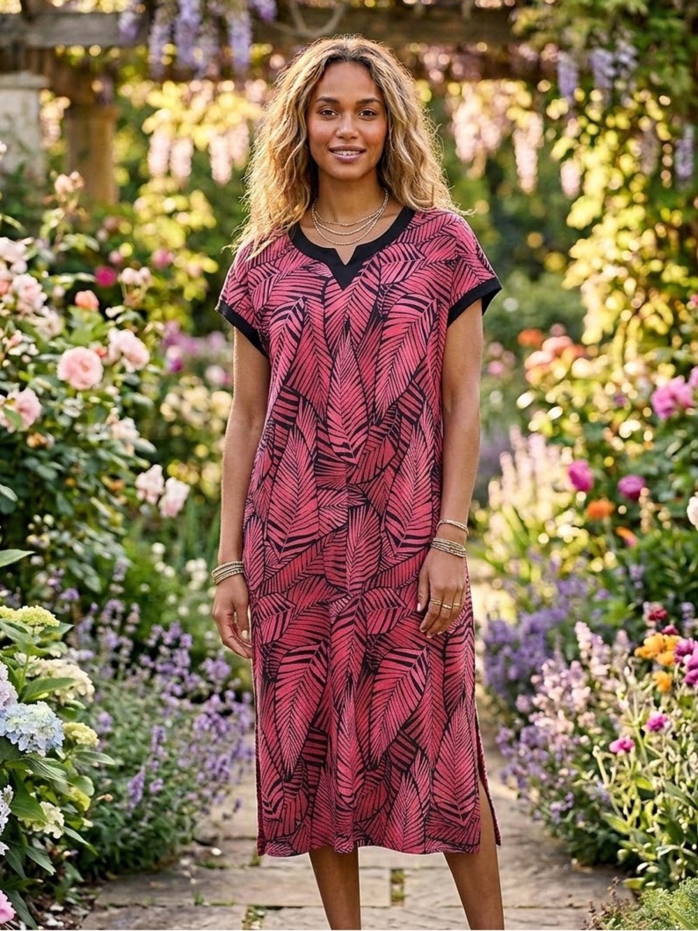 Stan Herman Tropical Print Short Sleeve Tee Shirt Midi Dress